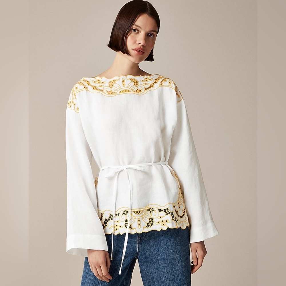 NWT J.Crew Cutwork Linen Embroidered Tunic Top XS White Gold Resort Vacation